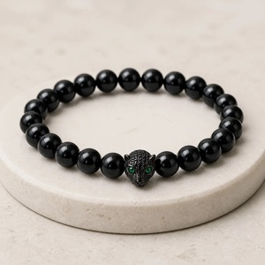 Bracelet en perles rondes en pierre naturelle, micro-pavé CZ, charme animal, tête de léopard panthère, élastique, extensible, pour homme et femme - Product Image 1