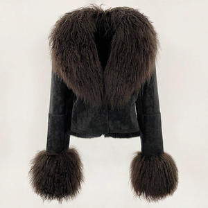 Luxury Genuine Sheep Leather <b>Jacket</b> Cropped Soft Big Real Lamb Fur Collar Custom Winter Women Lamb <b>Suede</b> Leather Coats - Product Image 4