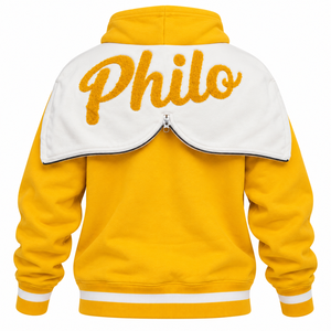 Sweat-shirt à capuche unisexe jaune Philo Prep avec broderie du blason, en molleton, poche kangourou, poignets côtelés, vêtement décontracté et tendance - Product Image 6