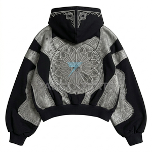 Sweat à capuche d'hiver pour homme en 100% coton, délavé à l'acide, vintage, patchwork, à bords vieillis, brodé, en tissu épais, style décontracté - Product Image 2
