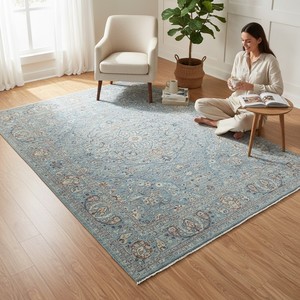 Tapis vintage bleu clair à motifs persans - Tapis oriental à poils ras tufté à la main pour chambre à coucher - Product Image 1