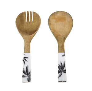 Cuillère à salade en bois tendance avec motif feuille de palmier noir et blanc imprimé, design bohème, article de cuisine écologique - Product Image 1