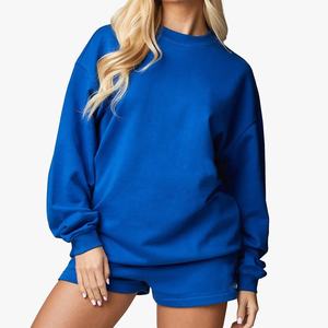 Conjunto de Sudadera de Cuello Redondo de Alta Calidad para Mujer, Estilo Hip Hop, Color Sólido, 100% Algodón, Tejido de Invierno, Conjunto de 2 Piezas con Pantalones Cortos - Product Image 2