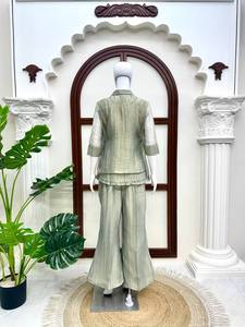 Green Linen <b>Indian</b> Pakistani Set Embroidered Collar Loose Fit Short Sleeve <b>Top</b> and Wide Leg Pants Summer Wear - Product Image 4