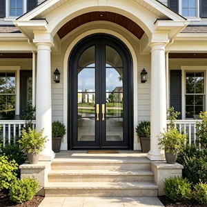Modern wrought-iron exterior entryway door featuring an arched design with glass panels; rust-resistant and easy to install. - Product Image 3