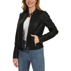Chaqueta de Motociclista para Mujer, Negra, de Cuero Genuino, con Ribete de Piel, Forro Sherpa, Ligera, con Cierre, para Invierno - Product Image 1