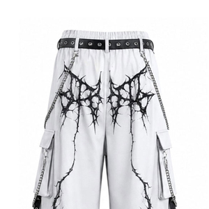 Pantalon cargo gothique blanc pour homme, coupe large, imprimé croix, taille élastique avec ceinture chaîne - Product Image 5
