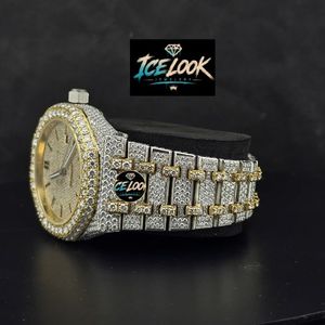 Reloj de Lujo de Cuarzo con Aspecto de Hielo, Acero Inoxidable, Incrustaciones de Diamantes, Correa de Dos Tonos, Visualización de Fecha, Reloj de Pulsera Moderno - Product Image 3