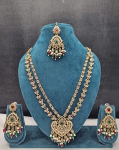 Pear Cut Stone Dual Layer Necklace With Earrings and Mangtika For Women Traditional Ethnic Wear Designer <b>Jewellery</b> Manufacturers - Product Image 6