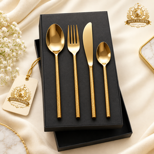 Ensemble de couverts en acier inoxydable de luxe avec manche martelé doré, ensemble de couteaux, fourchettes et cuillères dorés de qualité supérieure avec boîte cadeau - Product Image 1