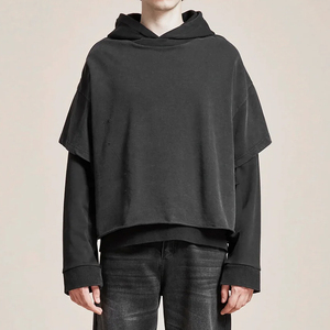 Oversized Hooded Sweatshirt Men <b>Black</b> Raglan Sleeve French Terry Cotton Autumn Style Breathable Unlined Regular Fit - Product Image 4
