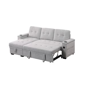 Divano Sezionale Reversibile Ashlyn II 84'' L in Tessuto Grigio Intrecciato con Chaise Longue, Portabicchieri e Porte di Ricarica - Product Image 4