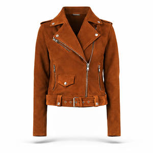 Chaqueta de cuero de ante para motociclista, estilo invierno, con cremallera asimétrica, cintura con cinturón, botones con diseño, OEM, ODM, producción a granel personalizada al por mayor - Product Image 1