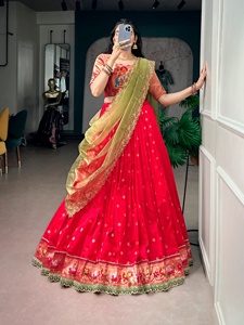 <b>Red</b> Embroidered <b>Lehenga</b> Choli Set With Green Dupatta Traditional Indian Pakistani Wedding Wear Floor Length Women's Attire - Product Image 6