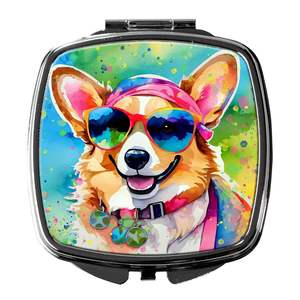 Espejo de maquillaje de mano plegable compacto Corgi Hippie Dawg, regalo de viaje decorativo portátil para mujeres y niñas - Product Image 1