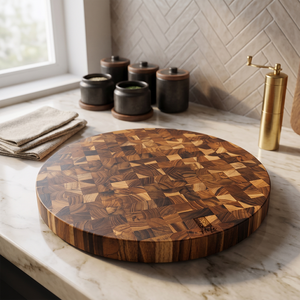 Nouveau produit : Planche à charcuterie ronde en bois d'acacia durable avec poignée, épaisseur 1,5 cm, et ensemble de couteaux - Product Image 2