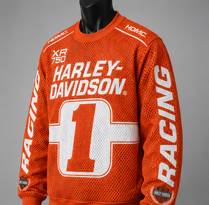 เสื้อสเวตเชิ้ตผู้ชาย H-D สีส้ม ผ้าตาข่ายพิมพ์ลายซับลิเมชั่น พร้อมลายหมายเลข 1 ดีไซน์สำหรับนักแข่ง ระบายอากาศได้ดี ผลิตจากโพลีเอสเตอร์ สไตล์สปอร์ต คอกลม - Product Image 1