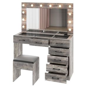 <b>Large</b> Lighted 12 LED Mirror Makeup Vanity <b>Desk</b> Set with 7 Drawers Glass Top Power Outlet-Elegant Vanity Table - Product Image 6