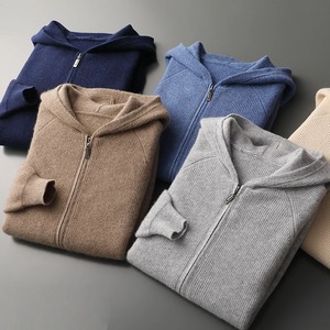 Men's Hooded Zip-Up Knitted Sweater Solid Color Casual Autumn Wear Regular Fit Blue Acrylic Material Anti-Pilling Design - Product Image 5