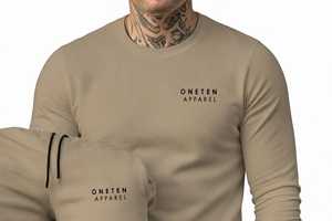 ONETEN ชุดวอร์มคอกลมแขนยาวสีเบจสำหรับผู้ชายกางเกงจ็อกเกอร์แบบมีเชือกผูกชุดลำลองฤดูใบไม้ร่วง - Product Image 3