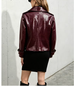 Burgundy Crocodile Embossed PU <b>Leather</b> <b>Jacket</b> With Belt Turn-down Collar Moto Style Autumn Outerwear Private Label apparel - Product Image 2