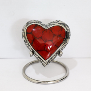 Brass <b>Heart</b> Shape Red Stone Cremation Urn Keepsake Silver <b>Frame</b> Hand Engraved Decorative Keepsake Stand Included - Product Image 3