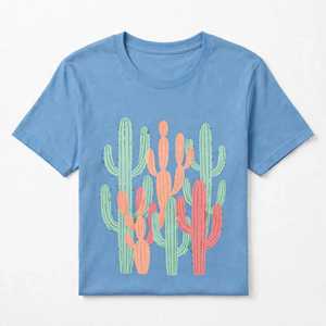 T-shirt en jersey bleu à manches courtes et col rond pour femme, imprimé cactus mignon, coupe décontractée, idéal pour l'été - Product Image 2