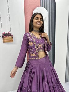 Purple Georgette Bandhej Lehenga Choli With Mirror Work Cotton <b>Jacket</b> Ribbon Work Navratri Festival Wear Set - Product Image 2