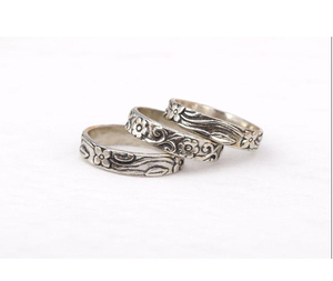 Oxidized Sterling <b>Silver</b> Floral <b>Stacking</b> <b>Ring</b> Set Boho Inspired Wedding Jewelry Collection Featuring Intricate Flower Engraved - Product Image 1