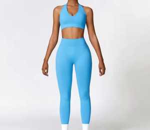 Conjunto de yoga de 2 piezas para mujer: leggings de cintura alta y sujetador deportivo racerback, color azul marino liso, sin costuras, de elastano/nailon transpirable, ropa deportiva frontal activa. - Product Image 4