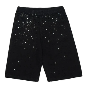 Shorts en jean baggy délavés à l'acide, style streetwear vintage, personnalisés avec strass pour hommes - Product Image 5