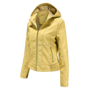 Veste en cuir jaune clair à capuche élégante pour femme avec doublure en Sherpa confortable Poches zippées Style confort d'hiver long - Product Image 3