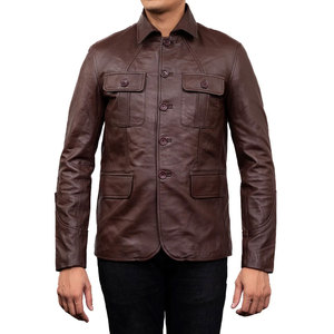 Men's Brown Genuine Leather Canvas <b>Thin</b> <b>Jacket</b> with Zipper Closure Stand Collar <b>Waterproof</b> Breathable Winter Workwear Style - Product Image 1