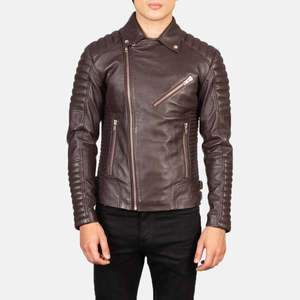 Veste moto en cuir véritable pour homme, coupe ajustée, col rabattu, fermeture éclair, couleur unie, vêtement d'automne, longueur normale - Product Image 5