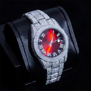 Unique White Tone Moissanite Diamond <b>Red</b> Dial Watch Fully Iced Out Hip Hop Bling VVS Quartz Movement Luxury Stainless Steel - Product Image 5