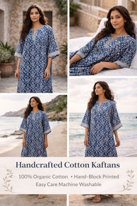 ชุดเดรสผ้าฝ้ายพิมพ์ลายบล็อกสีน้ำเงิน แต่งขอบลาย แขนสามส่วน มีกระเป๋าข้าง ชุดลำลองสำหรับผู้หญิง ชุดยาวใส่สบายสำหรับฤดูร้อน - Product Image 2