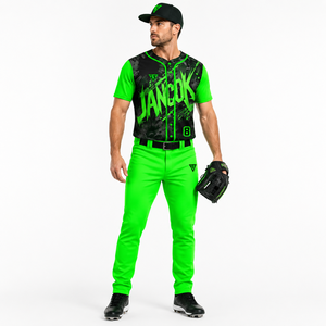 Ensemble d'uniformes de baseball vert néon personnalisés, maillot et pantalon sublimés à boutons, tenue d'équipe à marque privée pour clubs et équipes de tournoi - Product Image 5