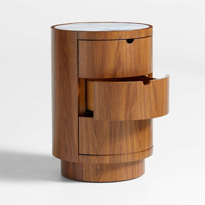 Table d'appoint cylindrique moderne en teck avec plateau en marbre et tiroirs de rangement pour salon ou chambre à coucher - Product Image 3
