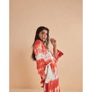 Vestido Maxi Cruzado con Estampado Tie Dye Rojo y Blanco para Mujer, Vestido Estilo Camisa de Manga Larga con Cuello en V, Ropa de Verano Estilo Bohemio para Mujer - Product Image 3