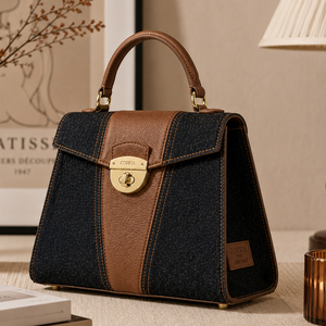 <span class=keywords><strong>Sac</strong></span> à bandoulière en jean bleu pour femme, <span class=keywords><strong>sac</strong></span> à main en cuir grainé marron, sacoche structurée à rabat avec poignée supérieure et pieds métalliques - Product Image 5