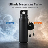 Bouteille d'eau isotherme de luxe en acier inoxydable noir mat, double paroi sous vide, ouverture à une main, maintien au froid 24h et au chaud 12h
