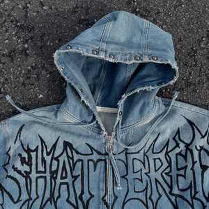 Streetwear Custom Washed Denim Zipper up Hoodies for Men Custom Print logo Men's Denim Hoodie - Product Image 6