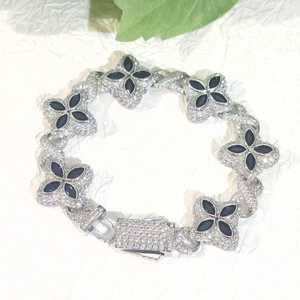 Luxury Black Flower Moissanite Iced 925 Sterling <b>Silver</b> Micro Pave Setting Clover Link Hip Hop <b>Bracelet</b> Women Fine - Product Image 1