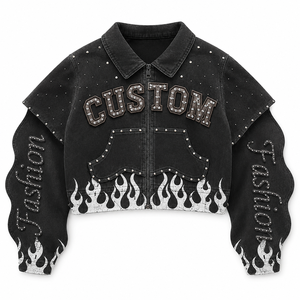 Custom Cropped Flame Graphic Studded <b>Jacket</b> Vintage Street Wear Zip Up Casual Fashion Outerwear For Unisex Wear - Product Image 1