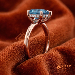 Bague de fiançailles unique en or rose plaqué or rose, sertie d'un moissanite bleu en forme de poire, bijoux de mariée en or rose - Product Image 5