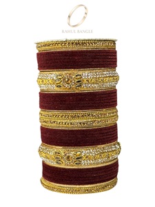 Premium Quality Wine <b>Red</b> Bridal Bangle Set with Designer Gold Plated Bangles and Velvet Finish for Women at Wholesale Price - Product Image 2