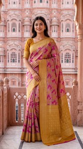 Sari de Seda con Estampado Floral Rosa Dorado Tradicional para Mujer, Estilo Indio-Pakistaní, Corte Regular, Largo hasta el Suelo, Sin Arrugas, para Bodas - Product Image 4