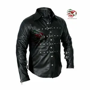 Men's Hot Real Sheep Leather Uniform Shirt Bluf Gay shirt