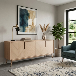 Buffet scandinave en chêne clair avec incrustations Chevron, meuble TV 4 portes, console multimédia, meuble d'entrée, salon - Product Image 5