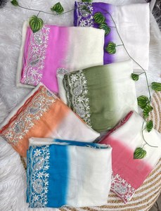 Sari de Georgette Suave con Bordado, Sari de Georgette para Fiesta, Sari con Lentejuelas Elegantes, Sari con Bordes de Diseño - Product Image 6